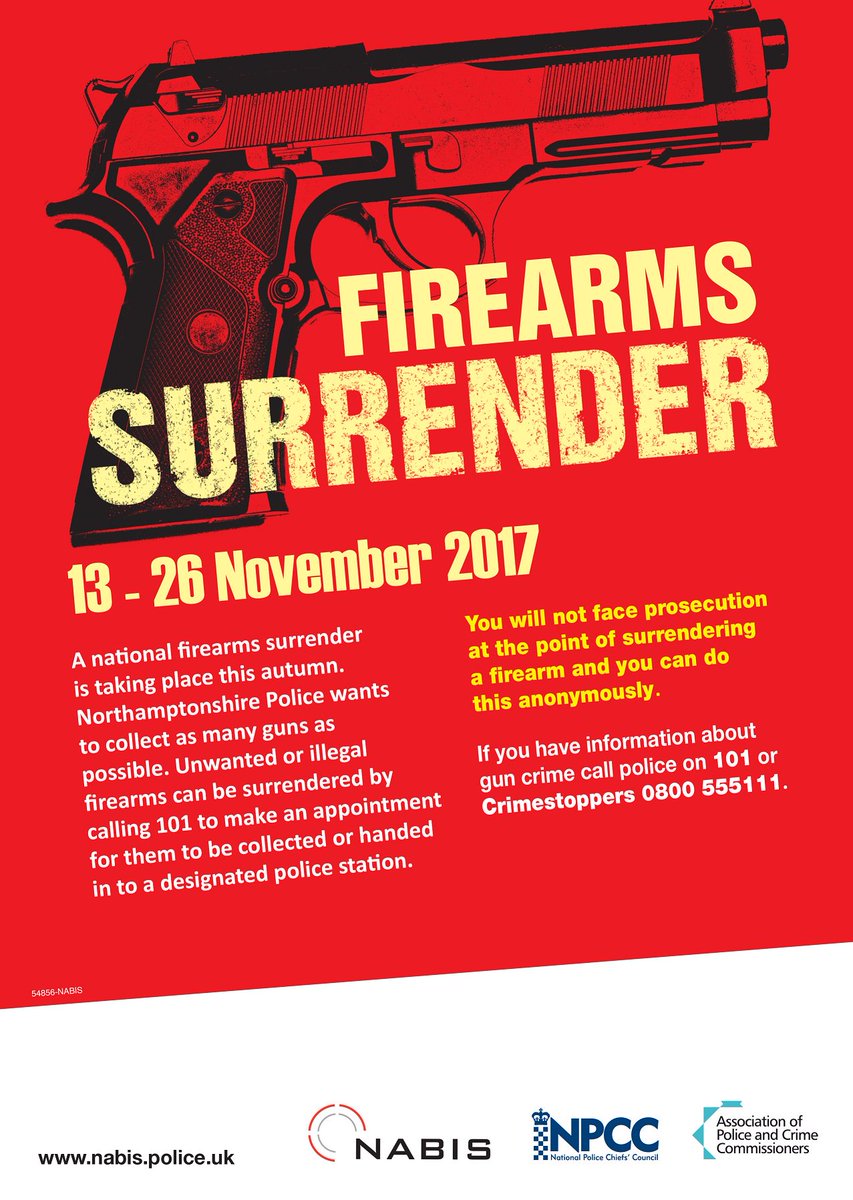 NorthantsPolice's tweet image. We're halfway through the national #GunSurrender, with a range of firearms handed over so far. Whether illegal or unwanted, antique or imitation, we want more firearms off the streets to protect our communities from harm. To surrender a gun or share info call 101 in confidence.