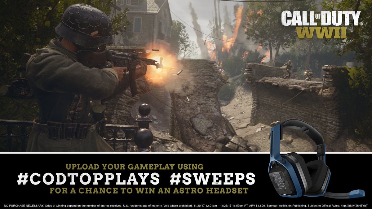 CallofDuty's tweet photo. Share your best Call of Duty®: WWII clips with #CODTopPlays and #Sweeps and follow @CallofDuty for a chance to win an @ASTROGaming headset. #CODWWII Ends 11/26. Rules: https://t.co/mJeJBLl8oK https://t.co/0k2AOj8TUJ