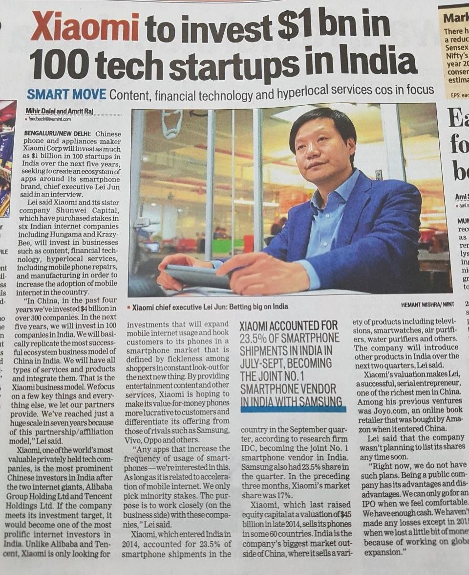 solrexperts1's tweet photo. " Xiaomi India to invest $1B in ~100 Indian startups over next 5 years to create an ecosystem of apps and services"   

Let's be a part in the evolution of an emerging nation. https://t.co/FYwjcdSatI

#MondayMotivation  #SolrX #StartupIndia #BREAKING https://t.co/Sr19Se3as9