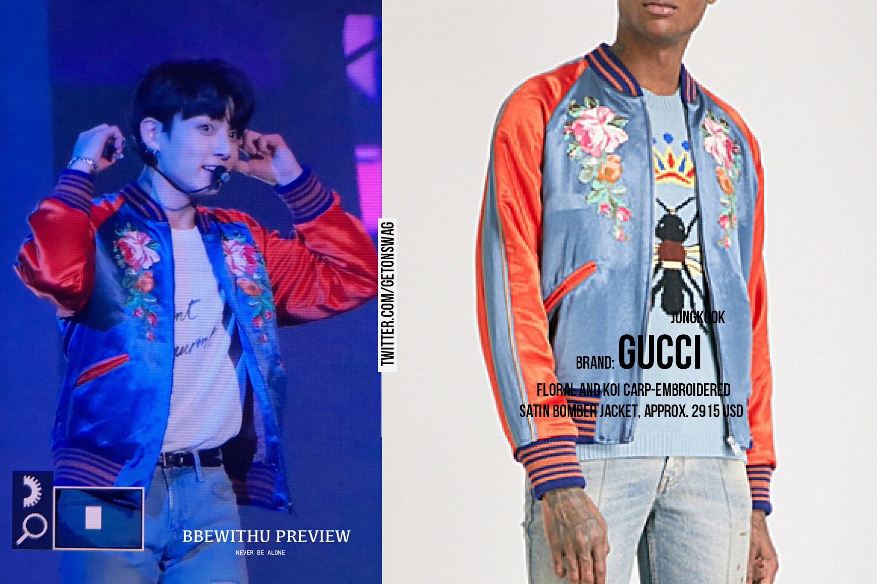 rod Afskedigelse fred Beyond The Style ✼ Alex ✼ on Twitter: "JUNGKOOK #BTS 171119 #AMAs2017 #amas  #JUNGKOOK #정국 #방탄소년단 GUCCI - Floral and Koi carp-embroidered satin bomber  jacket, approx. 2915 usd https://t.co/q5W9MqX9W6" / X
