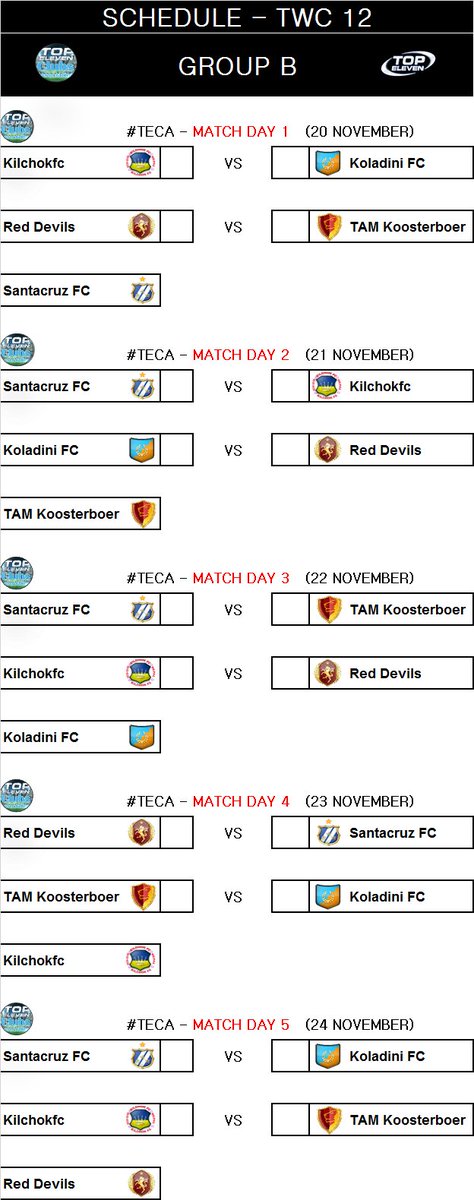 WeAreTECA's tweet photo. β«Twitter World Cup - Edition 12β«
SCHEDULE GROUP B - TWC 12 π
@KilchokFc
@GunnersCircle "Koladini FC"
@RedDevilsFC2
@TAMKloosterboer
@_Santacruz_FC
#TECAReturn #TECA #TheBest #TWC12 #RoadToMunich https://t.co/lWDeFfBtrL