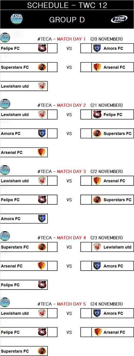 WeAreTECA's tweet photo. β«Twitter World Cup - Edition 12β«
SCHEDULE GROUP D - TWC 12 π
@Felipe_FC_98
@AmoraFCTPE
@superstarsredfc
@AkinolaGunner "Arsenal FC"
@LewishamUTD
#TECAReturn #TECA #TheBest #TWC12 #RoadToMunich https://t.co/5J5Tmf3CvO