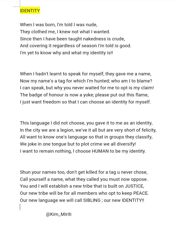 This country is ours. What should hold us together we ought not to allow to break us into pieces. My hope in Kenya and Africa is firm.  My thoughts in a poem!! #StopEthnicCleansing 
Mathare 
#RailaReturns 
#onekenyaoneblood