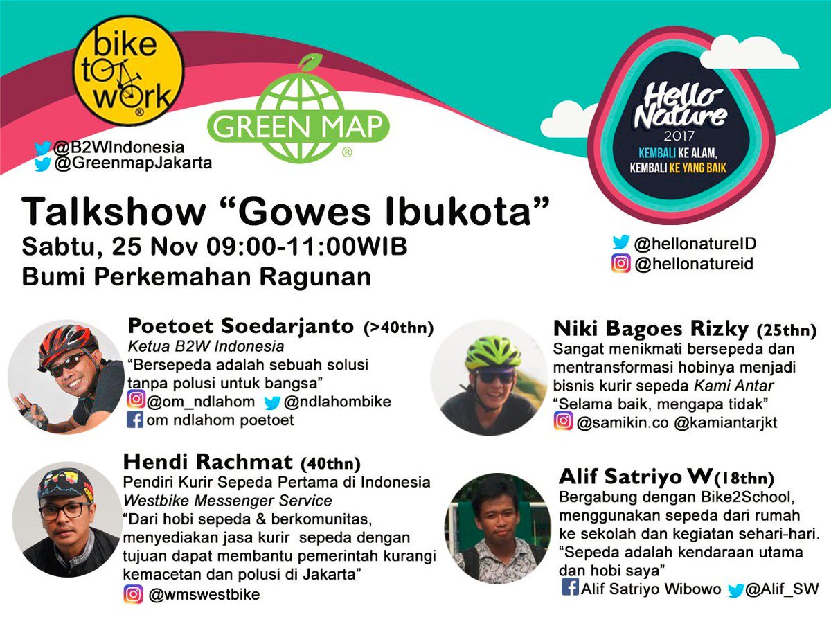 Di acara <a href="/hellonatureID/">Hello Nature</a> 2017 Talkshow bersama <a href="/B2WIndonesia/">Bike2Work Indonesia</a> @WMSwestbike <a href="/biketoschool/">Bike to School</a> <a href="/kamiantarjkt/">Kamiantar Jakarta</a> <a href="/Alif_SW/">Alif Satriyo W.</a> <a href="/SaddleBrown_/">Saddle Brown Vintage</a> <a href="/fixietas/">Fixietas Jakarta</a>