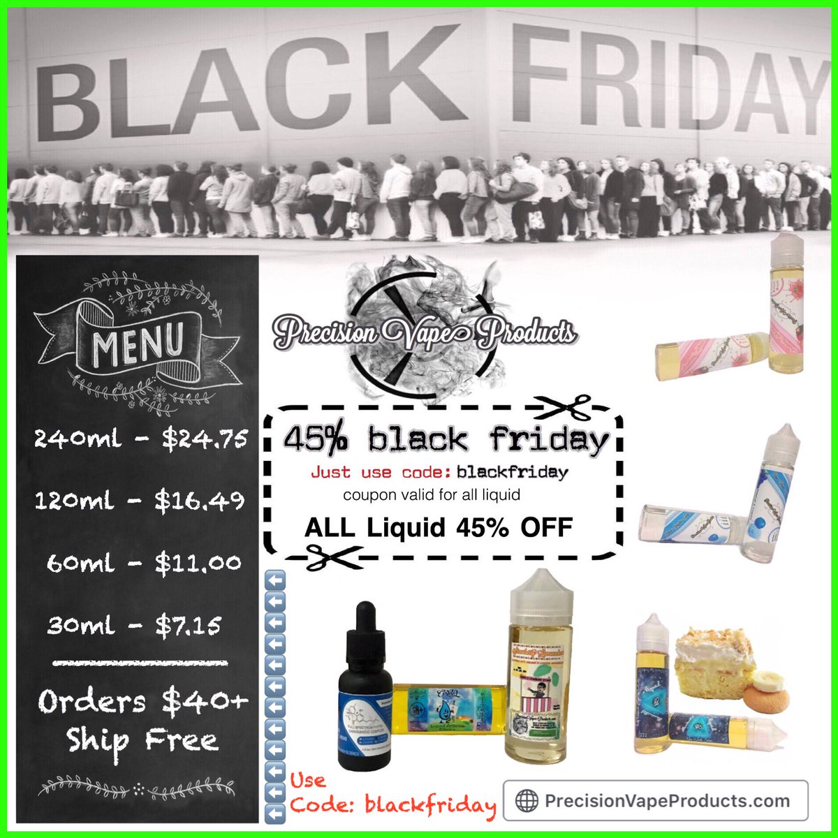 PrecisionVapePr's tweet image. Don't sleep on it fam, PVP is 🔥🔥🔥
And we are dropping to an all time low for Black Friday week. Just take a look at the menu! Be a precision vaper this holiday. 🤪💨🚭