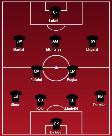 akshaymufc's tweet photo. @ManUtd My #MUFC XI vs @FC_Basel_en :

De Gea; Darmian, Lindelöf, Rojo, Shaw; Pogba, Fellaini; Lingard, Mkhitaryan, Martial; Lukaku.

#MUTalkingPoint #FCBMUN #UCL #mufcfans #RedArmy 🔴 https://t.co/JFvtQXG6zm