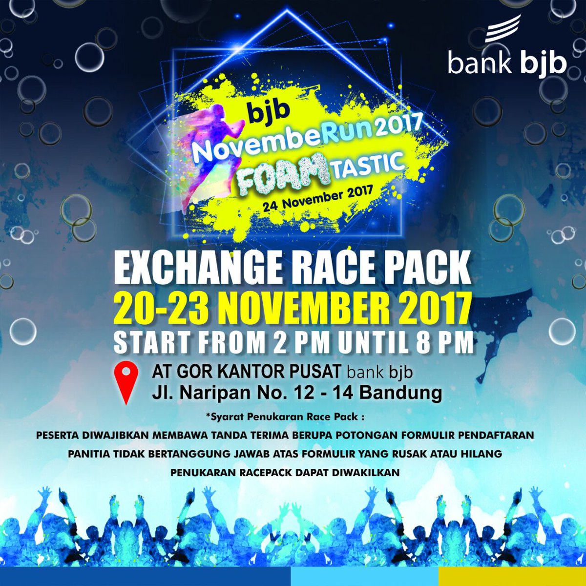 infobankbjb's tweet photo. EXCHANGE Race Pack open today
Senin - Kamis, 20 - 23 November 2017
Tempat: GOR Kantor Pusat bank BJB
Jl. Naripan 12 - 14, Bandung
Jam: 14:00 - 20:00 WIB
Jangan lupa membawa kwitansi pembayaran
#bankbjb #bjbNovembeRun2017 #eventbjb #bjbrunners #FOAMtastic https://t.co/CFDAnabHUx