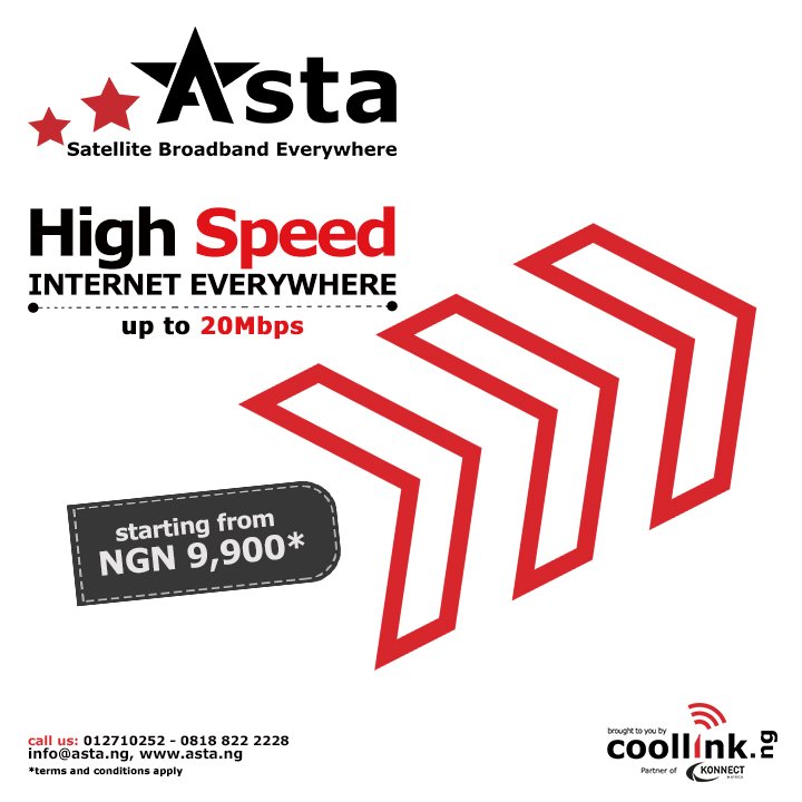 mycoollink's tweet photo. Asta! #HighSpeed #Internet #everywhere in Nigeria with #Asta the new satellite broadband! https://t.co/EexRgsonHu Up to 20Mbps download speeds #astalaunching #broadband #reliable #satellite #kaband #nigeria #naija #20mbps #download #datarollover #freenightbrowsing #coollink https://t.co/pQJZyprT9O