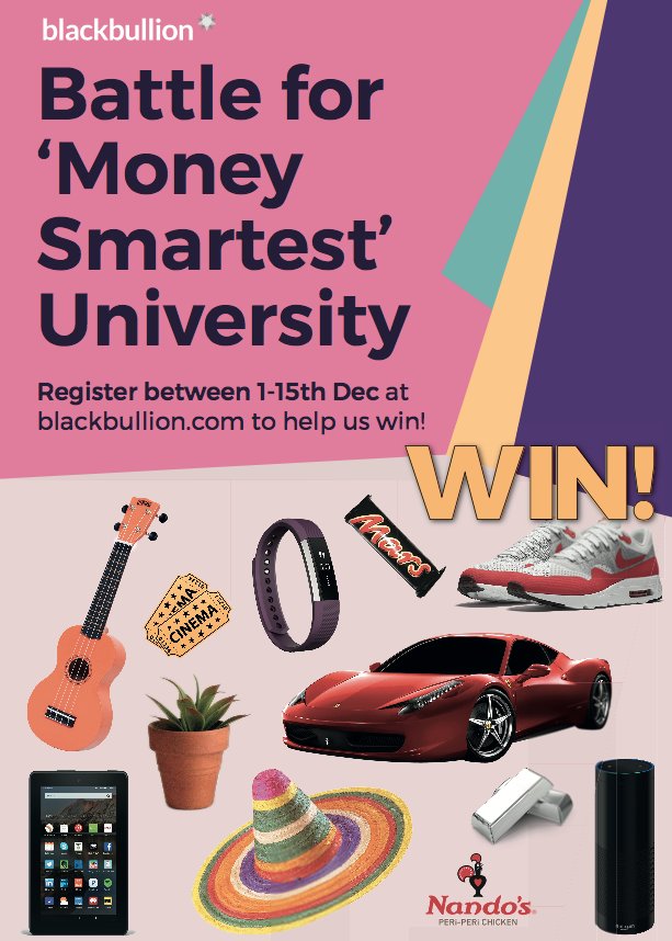 blackbullion's tweet photo. Last week of the Money Smartest University Competition! Students who complete a module at https://t.co/rglgqB3DrY have a chance to win one of our amazing prizes! #BBcompetition https://t.co/kJLLRluE3O