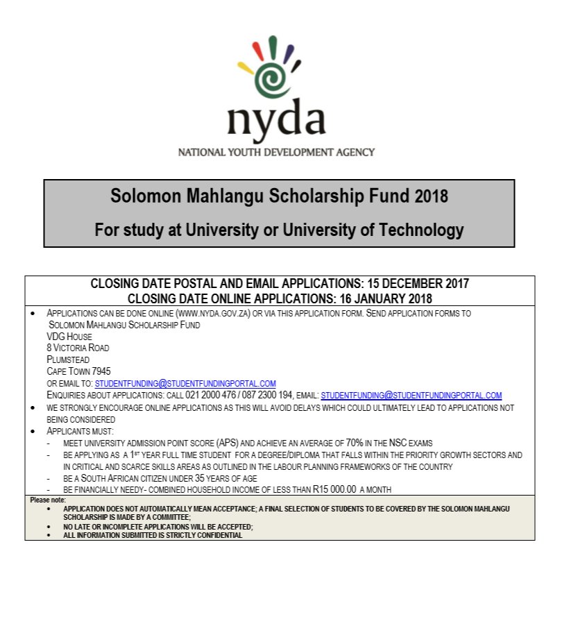 NYDARSA's tweet photo. #SMSF2018

The Solomon Mahlangu Scholarship Fund covers books, food, tuition fee and accommodation. Postal/email applications close on the 15th December 2017.

Apply online or manually, here: https://t.co/JljPAg3rdY https://t.co/6ZW9aOpzwX