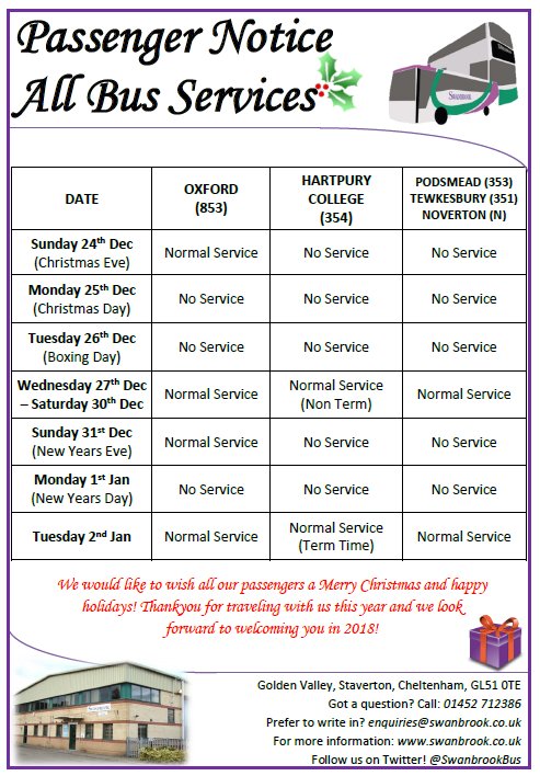 SwanbrookBus's tweet photo. 'Tis the season...! Here's our Bus service schedules for the holiday period! #Service853 #ServiceN #Service351 https://t.co/3D7vwSazmx