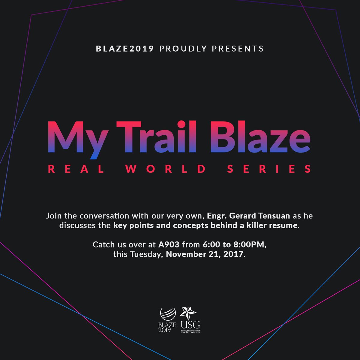 BLAZE2019_'s tweet photo. Join our very first conversation for this school year with one of our very own professors, Engr. Gerard Tensuan as he discusses the key secrets behind an excellent Curriculum Vitae!

When: November 21, 2017 (Tuesday)
Where: A903
Time: 6-8PM
Incentives? YES https://t.co/wzPraeDDUs