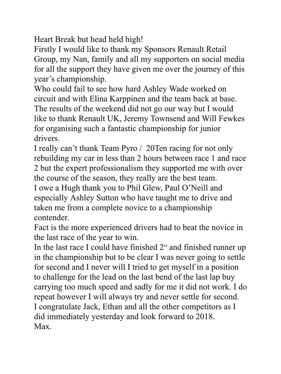 Thanks to all who supported me through 2017 <a href="/RenaultRetailUK/">RenaultRetailUK</a> <a href="/RenaultUKPR/">Renault Group UK PR</a> <a href="/renault_uk/">Renault UK</a> @UKClioCupJnr <a href="/MSAUK/">MSA</a> <a href="/RenaultSportUK/">Renault Sport UK</a> <a href="/philipglew/">Phil Glew</a> <a href="/PaulONeill29/">Paul O'Neill 💥</a> <a href="/ASuttonRacing/">Ashley Sutton</a> <a href="/ashwade87/">Ashley Wade</a> <a href="/EKkarppinen/">Elina Karppinen</a> <a href="/jertownsend/">Jeremy Townsend</a> <a href="/WFewkes/">Will Fewkes</a> <a href="/PyroMotorsport/">Pyro Motorsport</a> <a href="/20TenRacing/">20Ten Racing</a> <a href="/CarlMcKellar/">Carl McKellar</a>