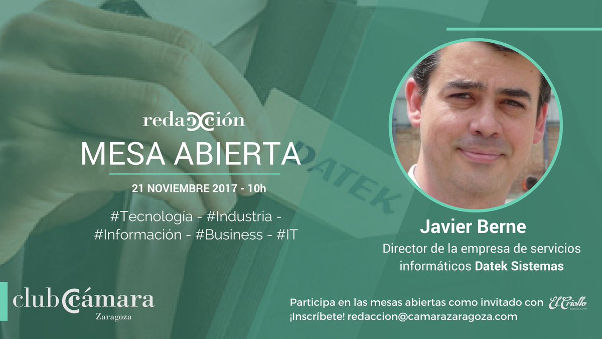 RedaccionClub's tweet photo. Contentos de poder anunciar que mañana Martes recibiremos en nuestra #MesaAbierta a #JavierBerne de #Datek. Aún estáis a tiempo de apuntaros y participar en nuestro mitin sobre el sector tecnológico y digital. https://t.co/Ke5nPeHfGX