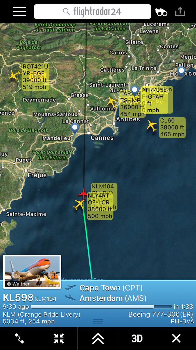 flightmayday's tweet photo. Update - KLM #KL598 from Cape Town to #Amsterdam is diverting to  #Nice after declaring an emergency https://t.co/FFAhmcEUnC