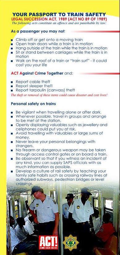 SAPoliceService's tweet image. #sapsHINT #RailwaySafety tips on how commuters can ensure their personal safety while travelling by train. ME
saps.gov.za/resource_centr…
