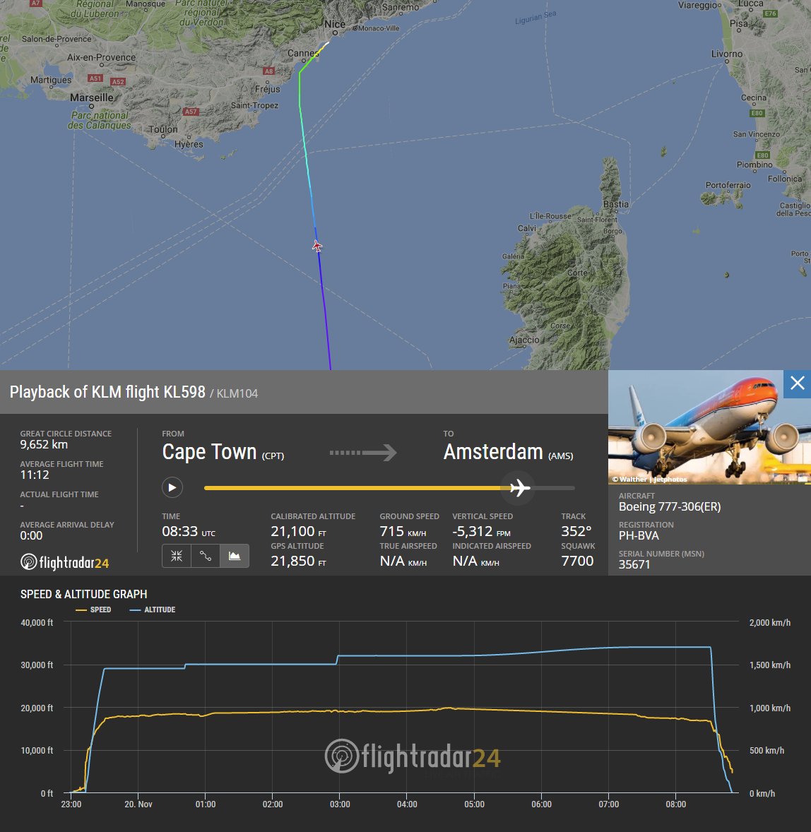 flightradar24's tweet photo. KLM flight #KL598 from Cape Town to Amsterdam, squawked 7700, made a quite fast descent (-5000 feet/min) and diverted to Nice.

Reason is currently unknown.

Playback
https://t.co/Ftwz853JrV https://t.co/pB038Us4Yw