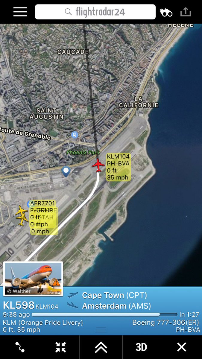 flightmayday's tweet photo. Landed 04L and vacated the runway at Nice  after declaring an emergency and diverted. KLM #KL598 https://t.co/HBRRvxtmLM
