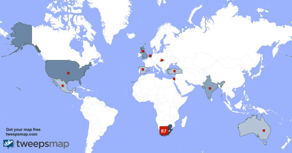 My followers live in South Africa (86%), USA(6%)... Get your free map: tweepsmap.com/!Eastvaalmotors