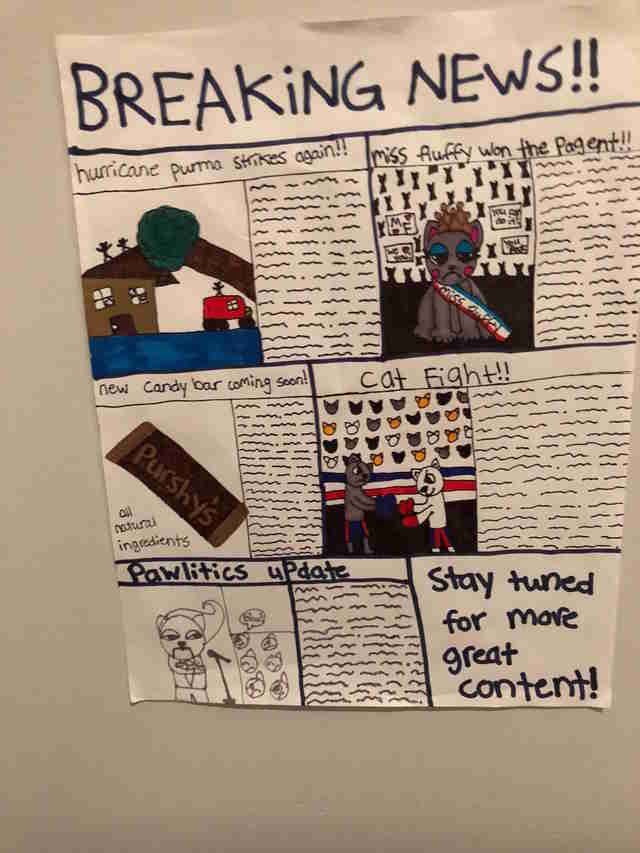 Kids Make Special Newspapers For Their Cat To Read While He’s In The Litter Box thedo.do/2AQUJl1