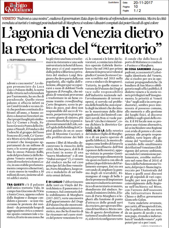 MiraPossibile's tweet image. L'agonia di #Venezia - Filippomaria #Pontani: "La battaglia identitaria del #Veneto sembra poco interessata al possesso comune, alla memoria e alla gestione dei luoghi fisici, al discorso pubblico sugli spazi della storia. E il Pd locale non sa proporre una visione alternativa"