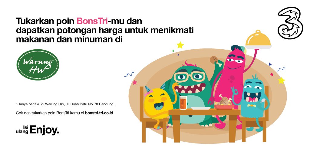 Buat barudak Bandung yang sering nongkrong di Warung HW, buruan tukar poin BonsTri-mu sekarang. Dapetin potongan harga untuk nikmati enaknya makanan dan minuman yang ada di Warung HW. Info: tri.co.id/BonsTri/tukar/…