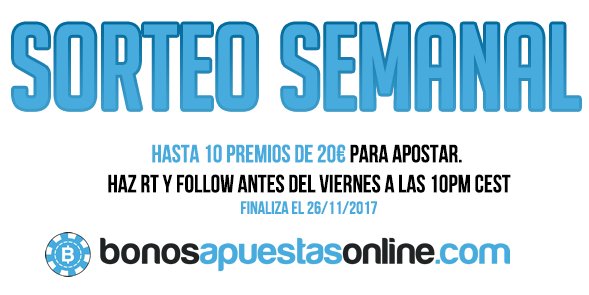 bonosonline's tweet photo. 📣 Sorteo semanal hasta el domingo 26 de noviembre: Participa y gana uno de los hasta 10 premios de 20€ para apostar. RT y Follow para hacerlo.

ℹ️ Reglas: https://t.co/q75NWoJp9a https://t.co/aDqaU1XcCC