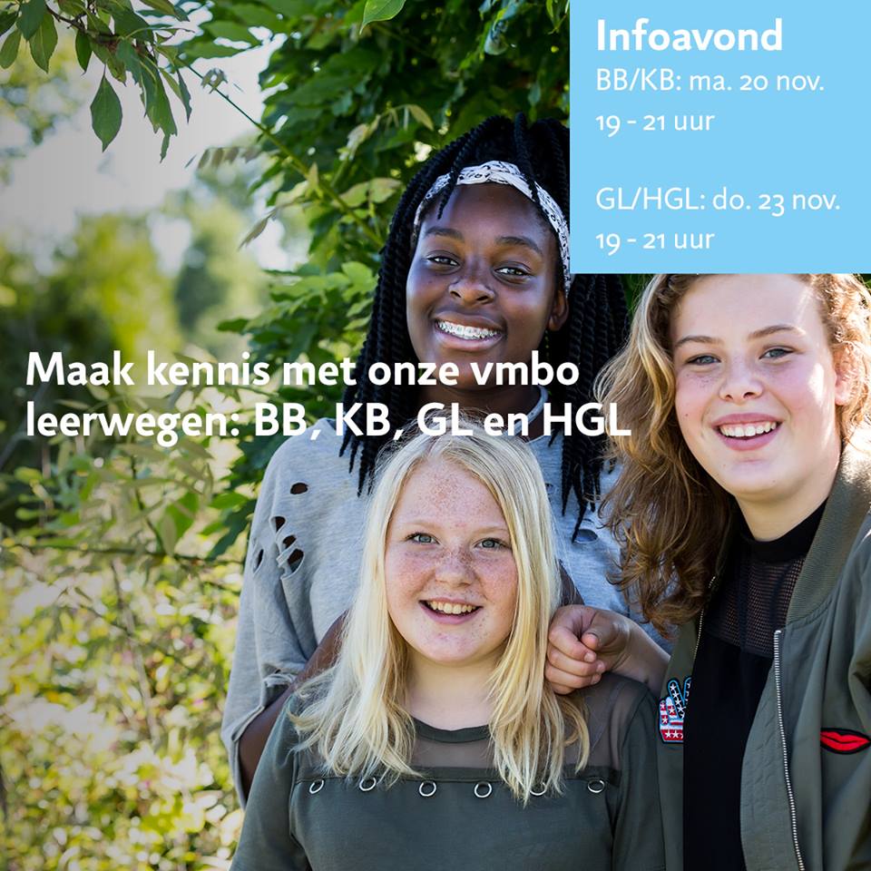 Vanavond is onze eerste informatieavond voor de bb en kb leerwegen. Let op: het programma start op 19.00 uur, er is geen vrije inloop. Hopelijk tot vanavond!