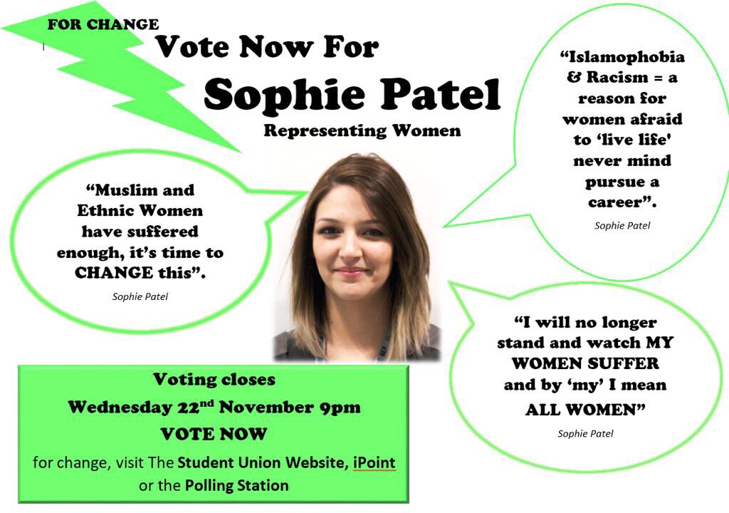 Sophie_Patel92's tweet photo. IT’S TODAY NUS ELECTIONS!!! #NUS #GirlPower #Women tackling #Islamophobia not just for muslims but non muslims feeling afraid because of the tragedies caused by idiots!!! #equality #AllProblems Big or Small I AM HERE FOR YOU!!! @HuddersfieldSU https://t.co/rpKTo2G9CZ