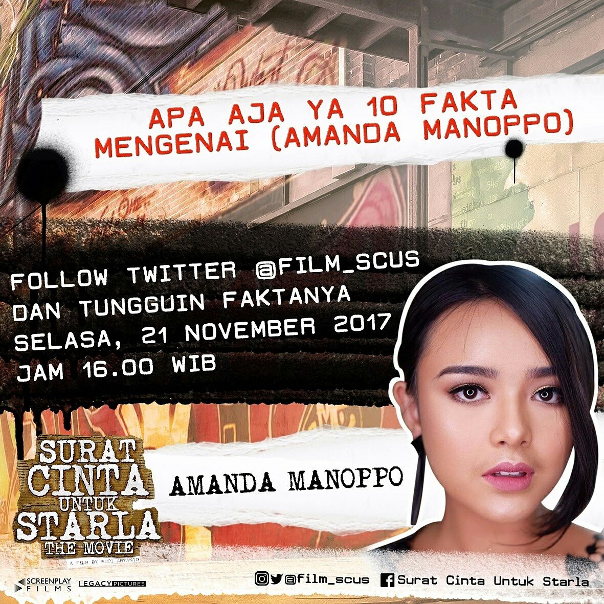 SCP_Films's tweet photo. Selasa, 21 November 2017 ada #SCUSFact ,10 fakta tentang @film_scus Special Appearance @amandamanopo . Ada yang bisa nebak gak fakta tentang @amandamanopo ? Yang benar nanti mimin kasih 1 T-Shirt. Comment di Instagram @film_scus ya #SuratCintaUntukStarlaTheMovie https://t.co/Tlz2LW4UcJ