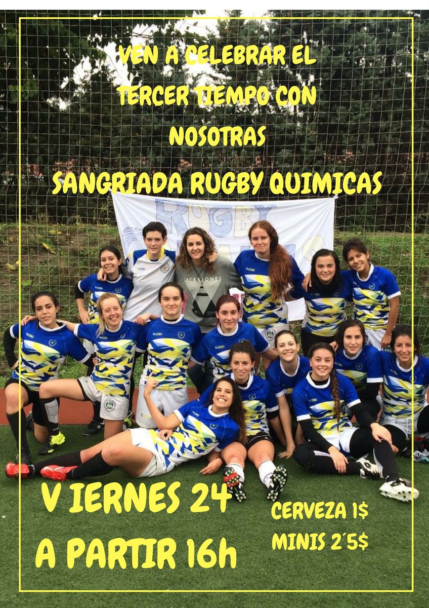 QuimicasFem's tweet photo. Nueva fecha de sangriada!!! Os esperamos este viernes 24 para disfrutar del trecer tiempo.
Animaos!!! 💙💛💙💛🏉🏉 🍻🍻 https://t.co/vPyo2wTLqu