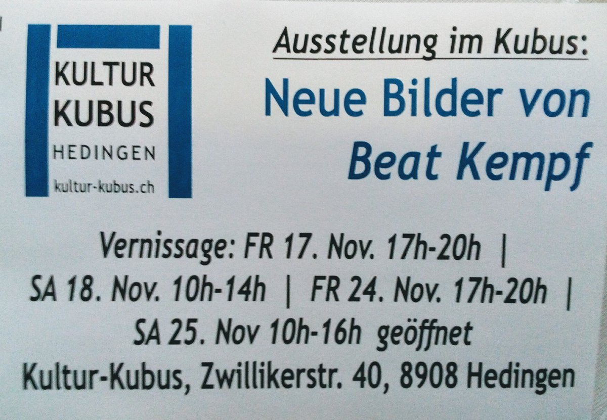 KulturKubus's tweet photo. Kultur-Kubus: Beat Kempf- Neue Bilder. |
#affoltern #hedingen #ottenbach #obfelden #knonau #aeugst #wetswil #zwillikon #birmensdorf #zürich https://t.co/ezG5K0Ee2q