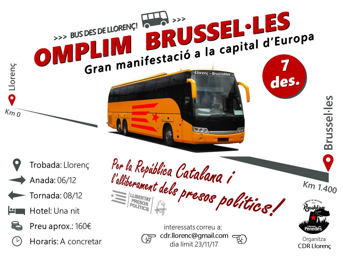 CDR_Llorenc's tweet photo. Encara estàs dubtant? Doncs t'ho posem ben fàcil!!! Viatge amb Bus a #Brusel·les més una nit d'hotel per 160€.
Si estàs interessat envia un correu a: cdr.llorenc@gmail.com data límt per apuntar-se: 23/11/2017. @cdr_altpenedes @eixdiari #llorenç #penedès #OmplimBrusselles https://t.co/LpET2D1jlR