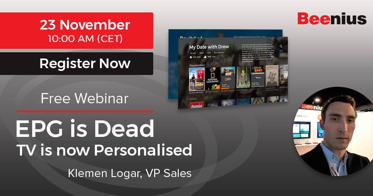 BeeniusTV's tweet photo. [Free #Webinar] Join @KlemenLogar, VP Sales, discover #Beenius Recommendation Dashboard, and find out how you can offer personalised #content to the #viewers based on their preferences! https://t.co/9HxWLnqOjj #IPTV #PayTV #TVOperators #OTT https://t.co/xmgQfrnrVh