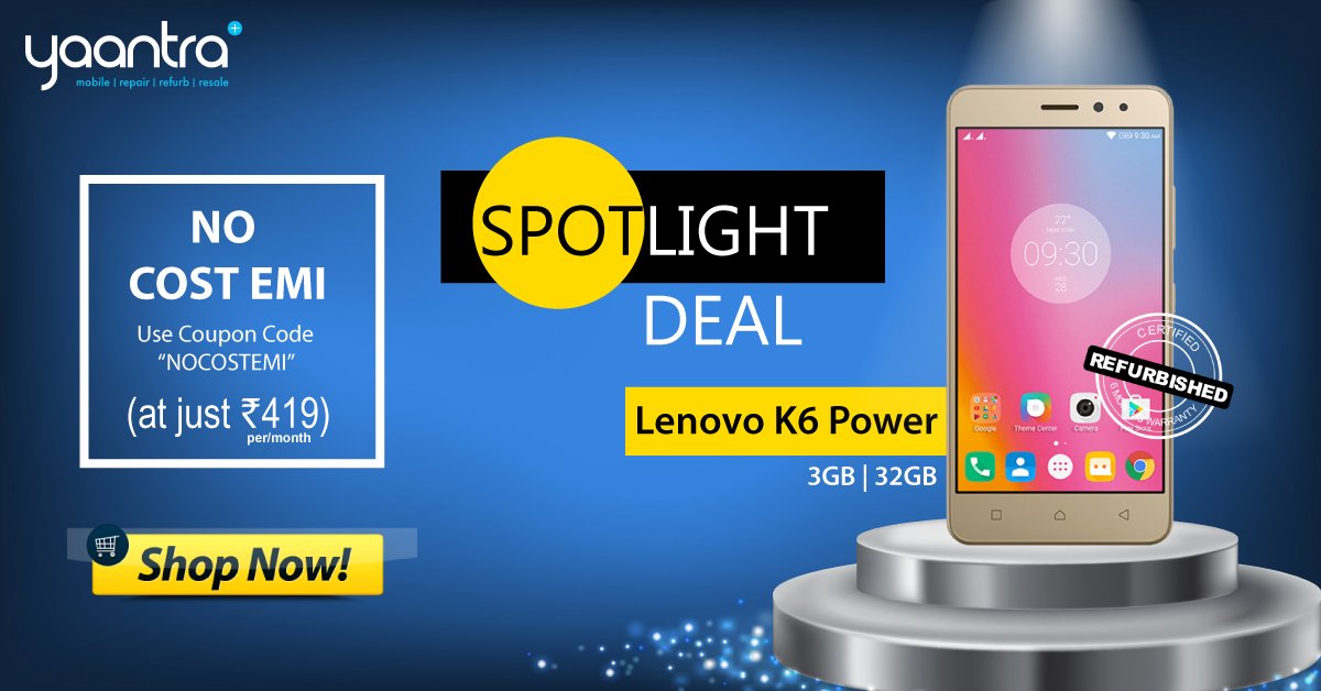 YaantraIndia's tweet photo. Spot-Light-Deal✨ Deals Getting Hotter This Winters
Refurbished Lenovo K6 Power 32GB @ just RS. 7,199/-
Deal Of The Day <<https://t.co/D0egAoQPk2 🤩 Shop It Before You Miss It !
FLAT 10% OFF (Discount Applied)
#SpotLightDeal #lenovo #lenovok6power #refurbished #smartphone https://t.co/NqDELGXZWy
