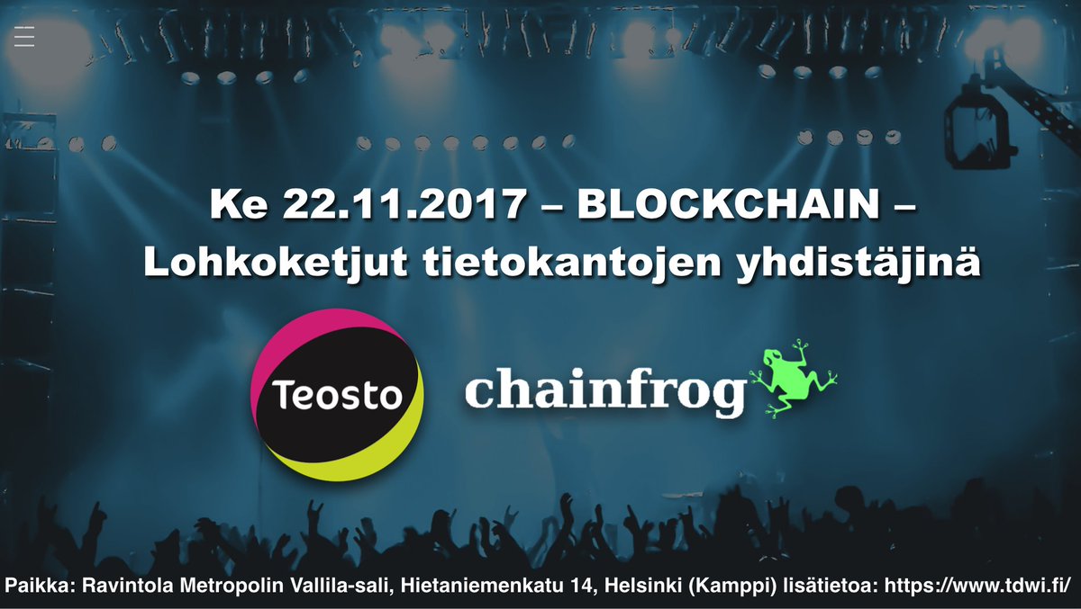 _chainfrog_'s tweet photo. Vielä ehdit mukaan, @Teosto_ry ja @_chainfrog_ puhumassa lohkoketjuista, ilmoittaudu täältä:
https://t.co/zGYJF5F8KI
#lohkoketjut #blockbinder #blockchain https://t.co/wocQ419NXm