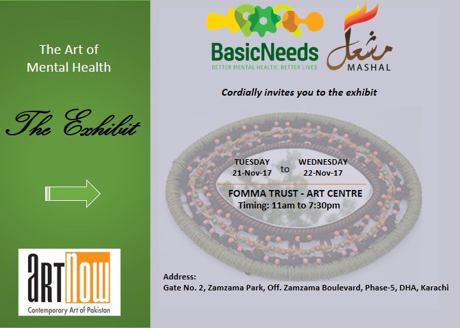 BasicNeedsPak's tweet photo. BasicNeeds Pakistan is inviting all of you for its upcoming event #mentalhealth #mentalhealthawareness #karachi #mashal #basicneedspk #artexhibit https://t.co/fKjZvf4S4l