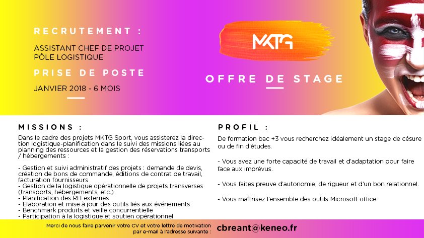 Envie de gérer la logistique d'événements sportifs ? Nous recrutons un assistant chef de projets logistique pour janvier 2018. A vos CVs !