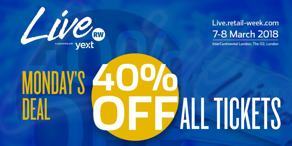 RW_JessicaS's tweet photo. A gift to you on a Monday from Retail Week Live - book today to receive a huge 40% off delegate passes https://t.co/FWFDcUCZz1 #retail @RetailWeek #RWL18 https://t.co/Un2RKplmhW