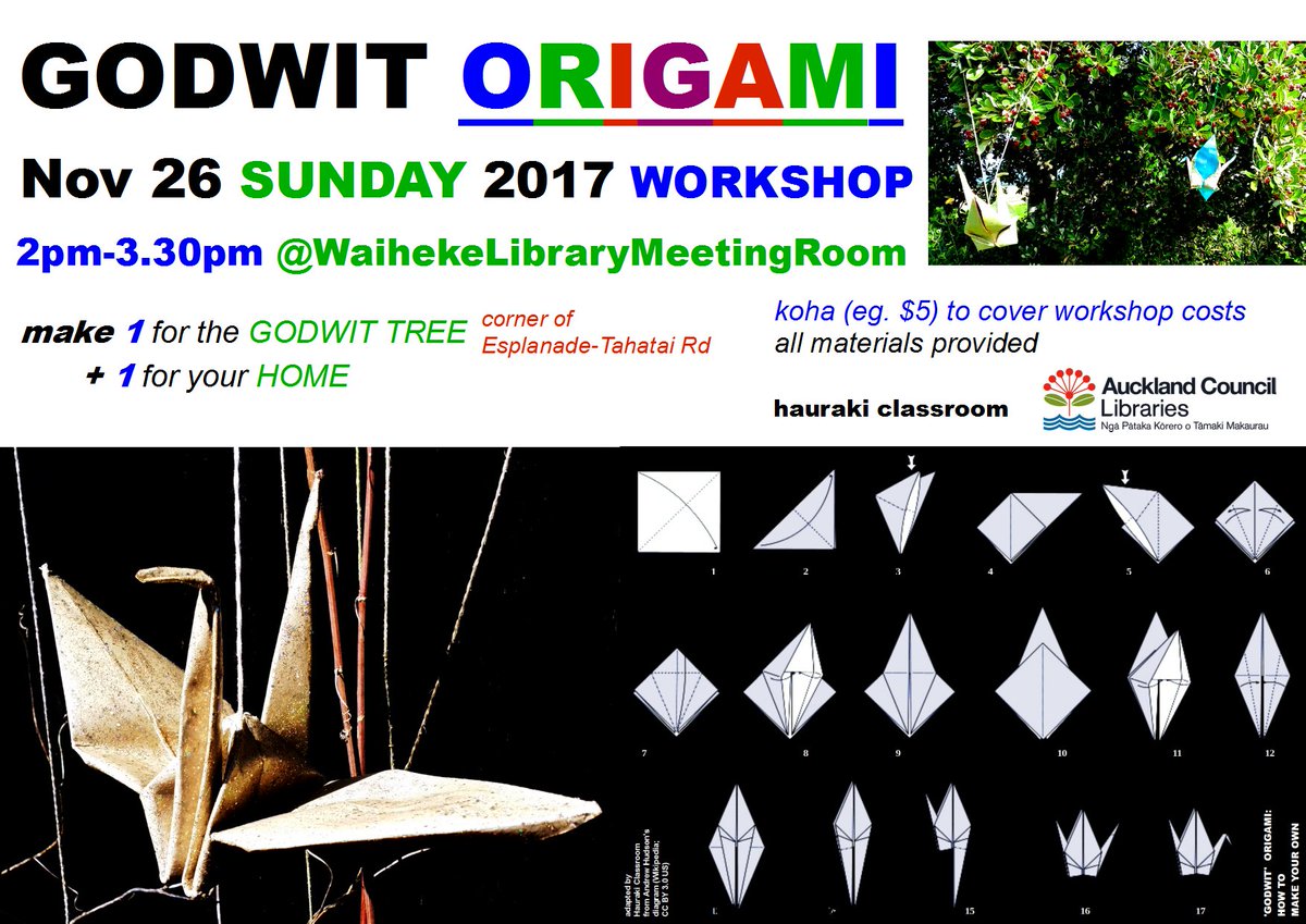 HaurakiClassrm's tweet photo. GodwitOrigamiWorkshop 26Nov2017(Sunday) 2pm-3.30pm @WaihekeCommunityLibrary's CommunityMeetingRm Make1forWaihekeGodwitTree+1forYourOwnHome AllMaterialsProvided/Koha(eg.$5)ToCoverCosts https://t.co/vYFwv3fHtg https://t.co/1YUTMbcO6V