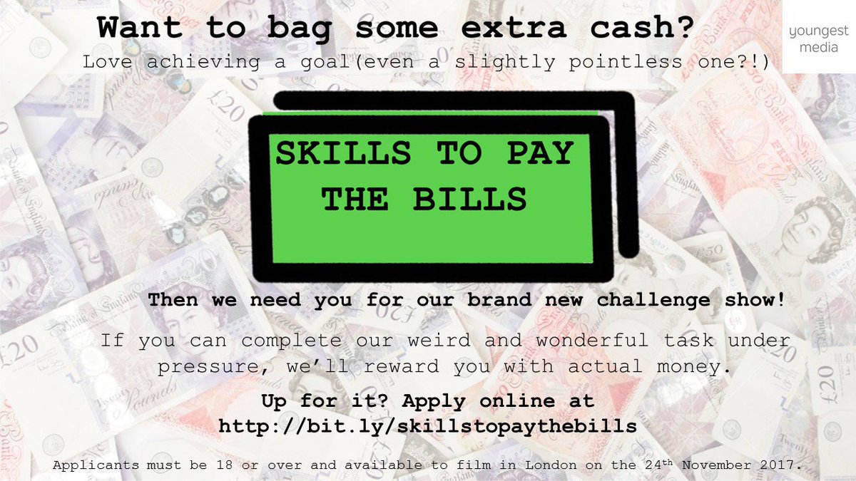 youngestMedia's tweet photo. Fancy winning some extra cash? Love taking on a challenge? We need great personalities for a new show filming in London this Friday. Apply here>> https://t.co/V7PP8t2oVL https://t.co/vYWyb61ZLi