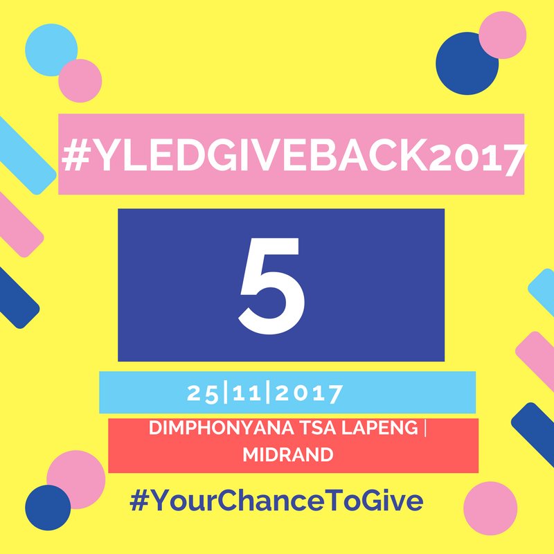 yledsa's tweet photo. 5 days to go before the Annual #YLEDGIVEBACK2017. Have you #DONATED #GAVE #SHARED with us?
Email info@yled.co.za to get the list of what the home needs from you.
#YLEDGIVEBACK2017 #YLED2017EVOLUTION #YLED13 https://t.co/AKCPz3MTpD