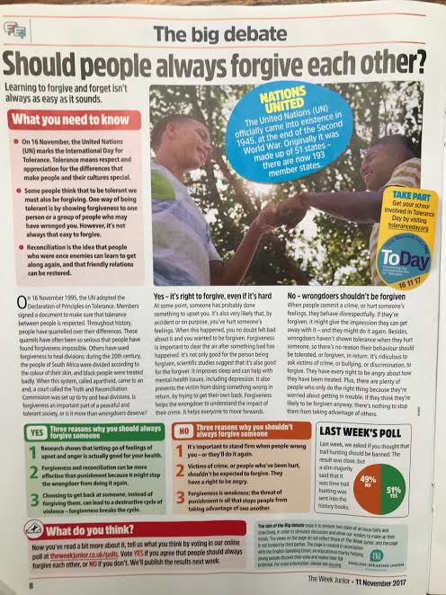 ToleranceDayUK's tweet photo. Great to see such brilliant coverage of #ToleranceDay in @theweekjunior this week. 👍 https://t.co/u7e4vuTWci