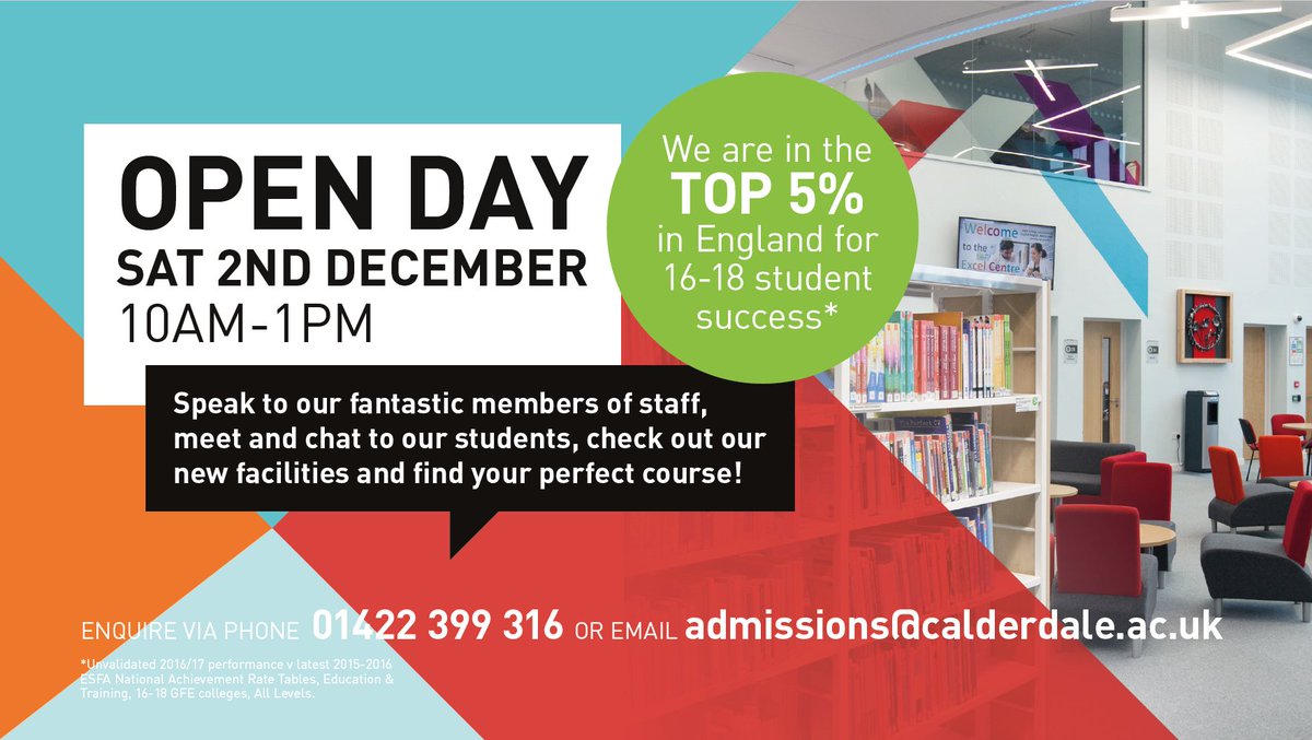 CalderdaleCol's tweet photo. Visit our Open Day on the 2nd Dec to speak to us about our range of #FurtherEducation &amp; #HigherEducation courses &amp; #Apprenticeships - skills for the future! https://t.co/JgbGylDi94