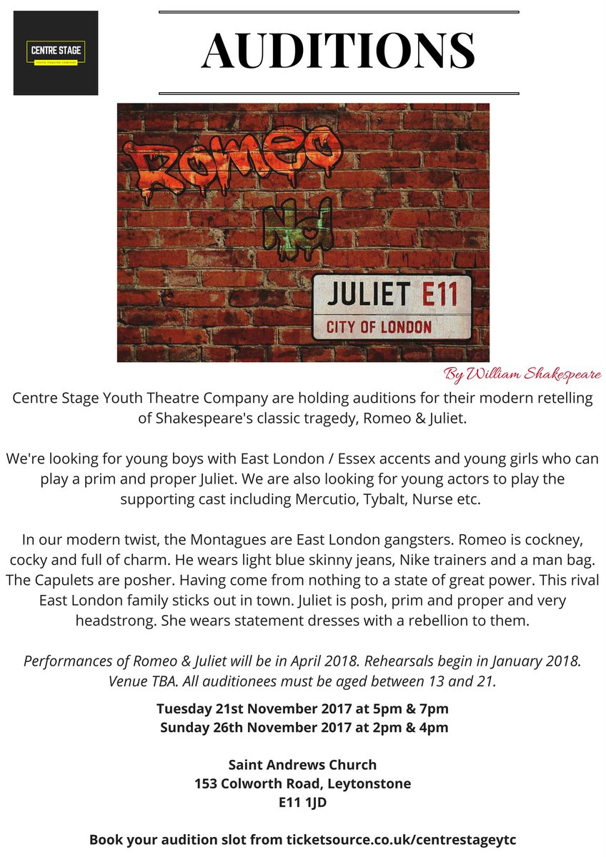 CentreStageYTC's tweet photo. @WansteadPlayers Hello! Please share - Auditions for #RomeoAndJuliet begin tomorrow! There are still spaces on all slots! Book onto a slot from https://t.co/rXJggbcPap #YoungTalent #YouthTheatre https://t.co/NzfS4RGucN