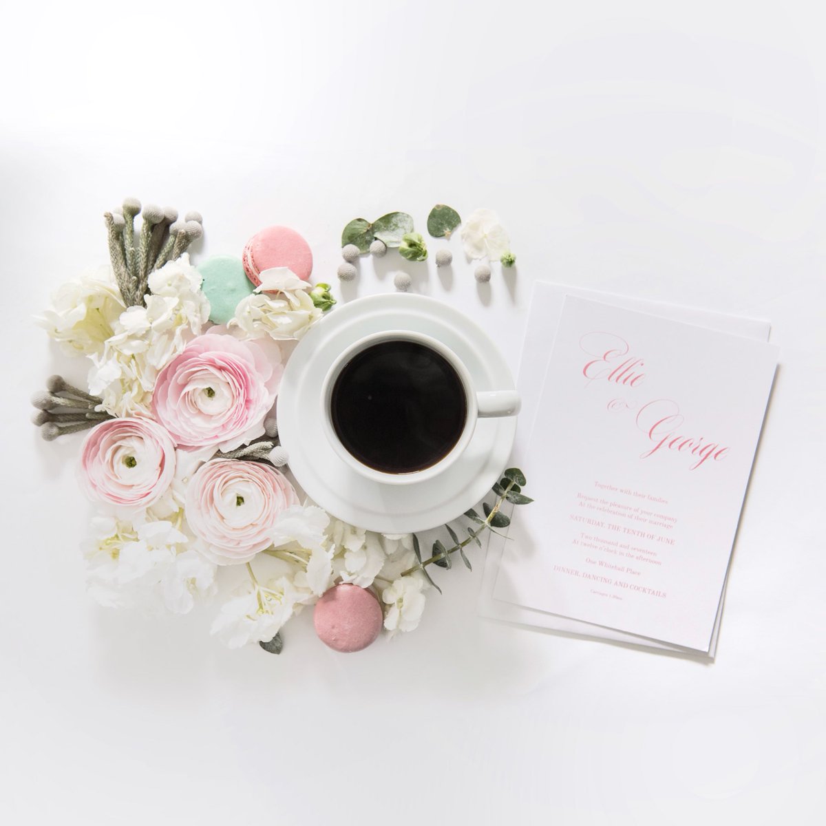 Coffee time, accompanied by flowers, macarons and our invitations 💕 #coffee #weddinginvitations