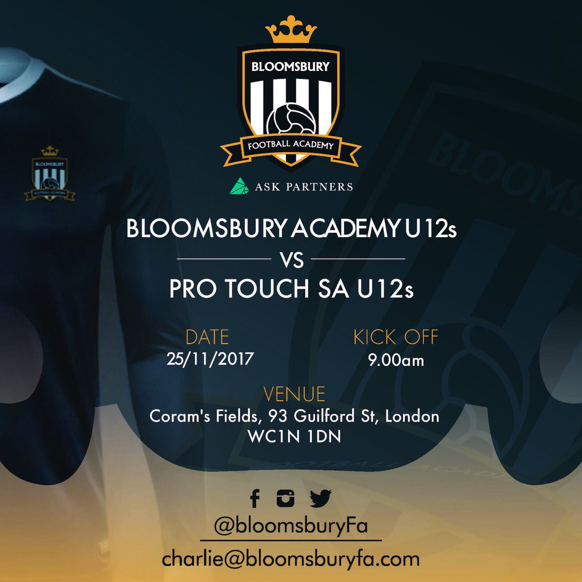 Cup game this Saturday against @protouchsa in the @cyouthleague at @coramsfields #bloomsbury
