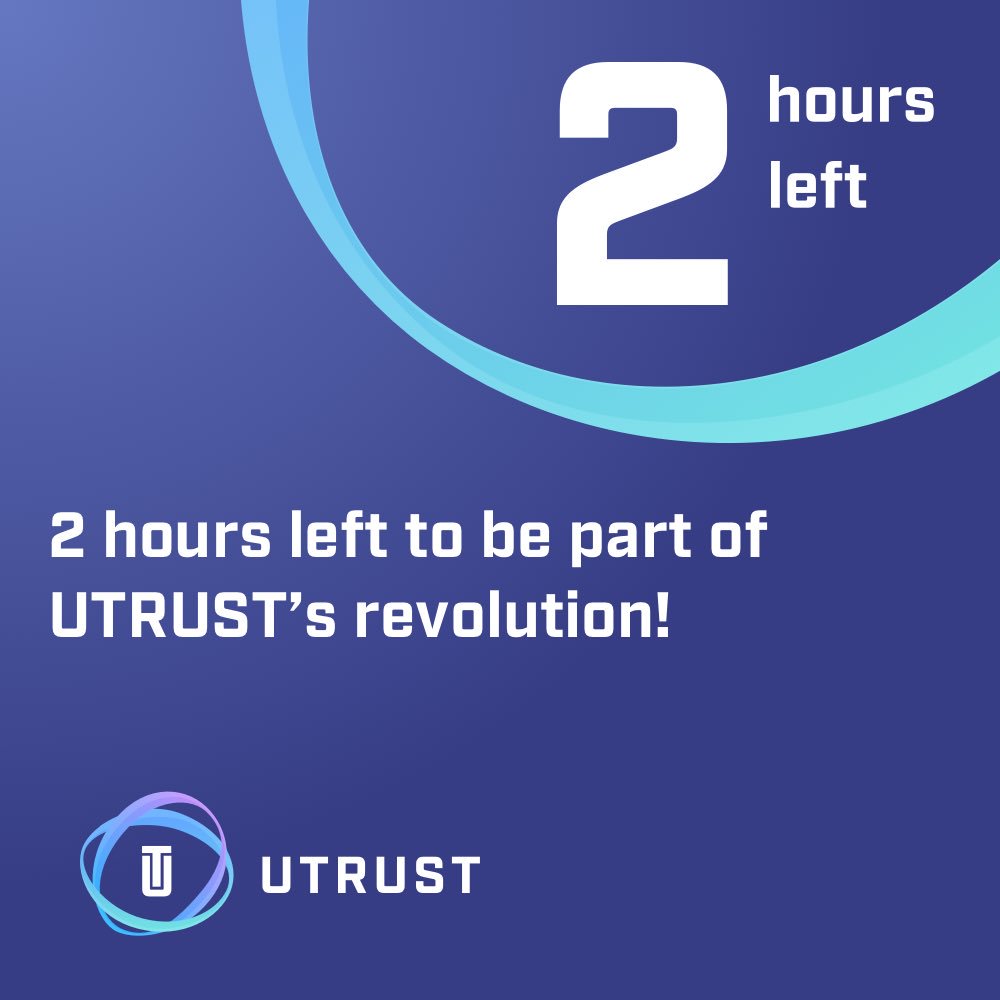 xMoney_com's tweet photo. The UTRUST ICO ends in less than 2 hours and we have only 6% left!

#UTRUST #bitcoin #ethereum #cryptocurrency #blockchain $BTC $ETH $crypto https://t.co/CNxhSDmdR6