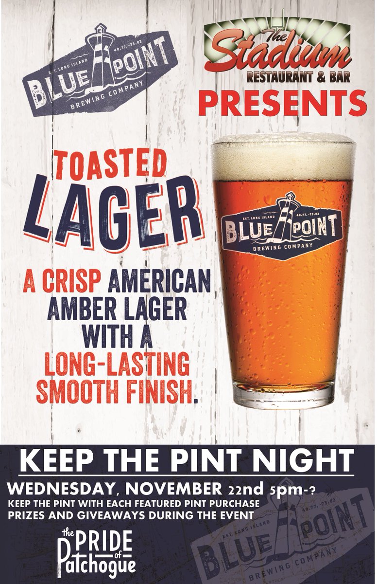GreatBayDist's tweet image. #KeepThePintNight #ThanksgivingEve at The Stadium Restaurant &amp;amp; Bar. Enjoy Blue Point Brewing's #ToastedLager PRIZES &amp;amp; GIVEAWAYS