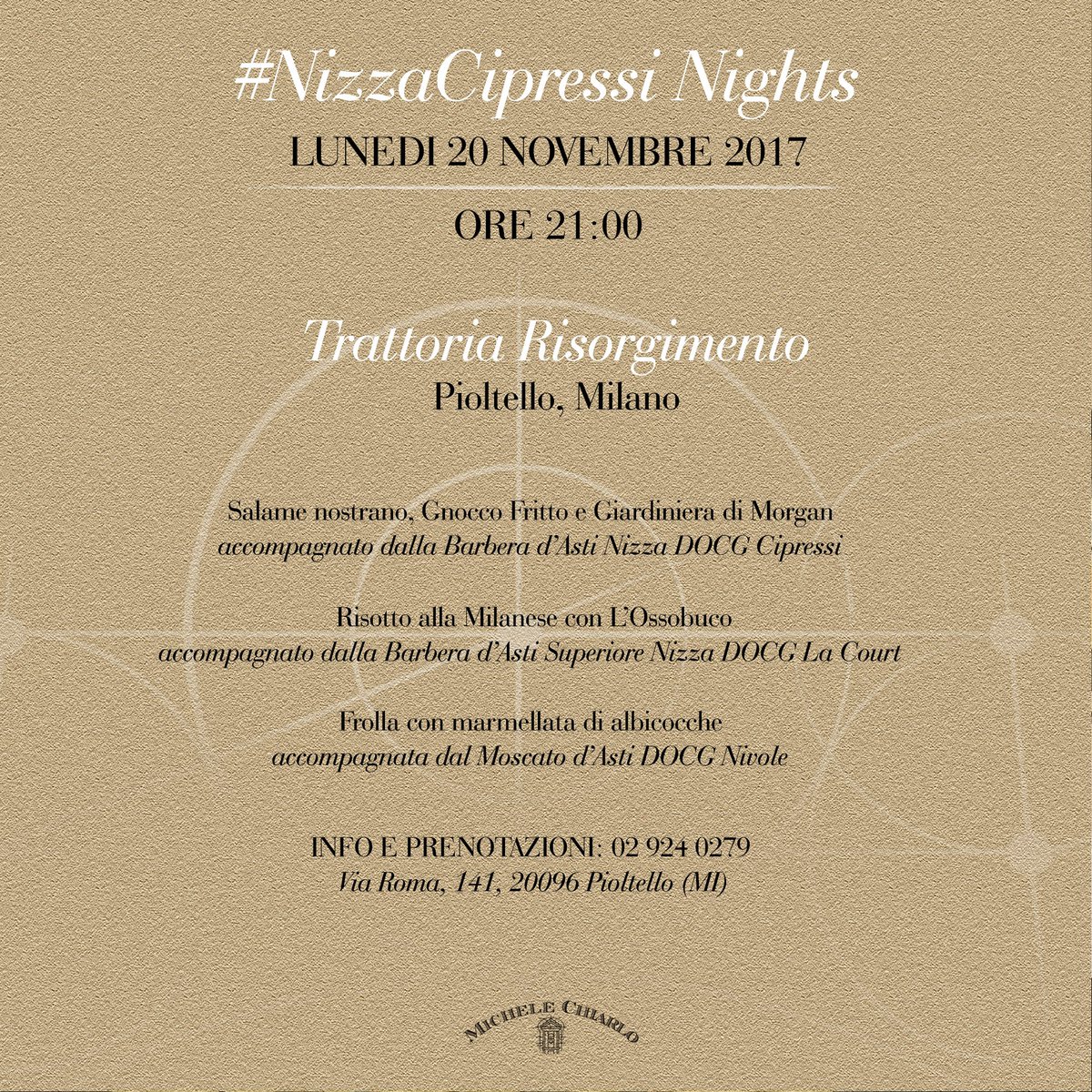 michelechiarlo's tweet photo. #NizzaDocg lovers! Siete pronti a una settimana ricca di #NizzaCipressi Night?
Iniziatela stasera alla #TrattoriaRisorgimento di Pioltello e al #CafféedegliArtisti di Alessandria. Info e prenotazioni https://t.co/KaV200wEg1 https://t.co/2pWMxUpnGY